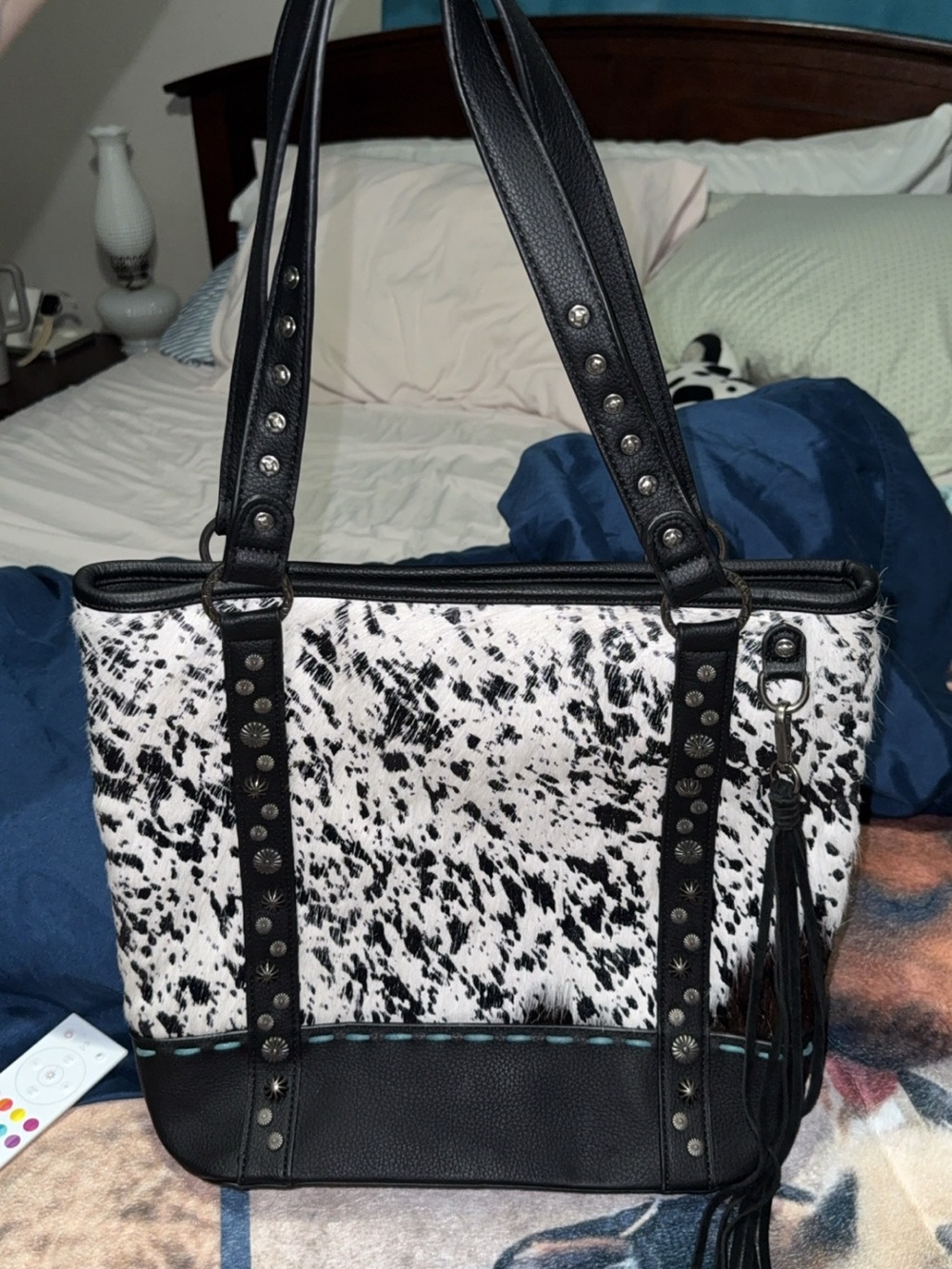 Black and White Cowhide Tote Bag with Studded Trim